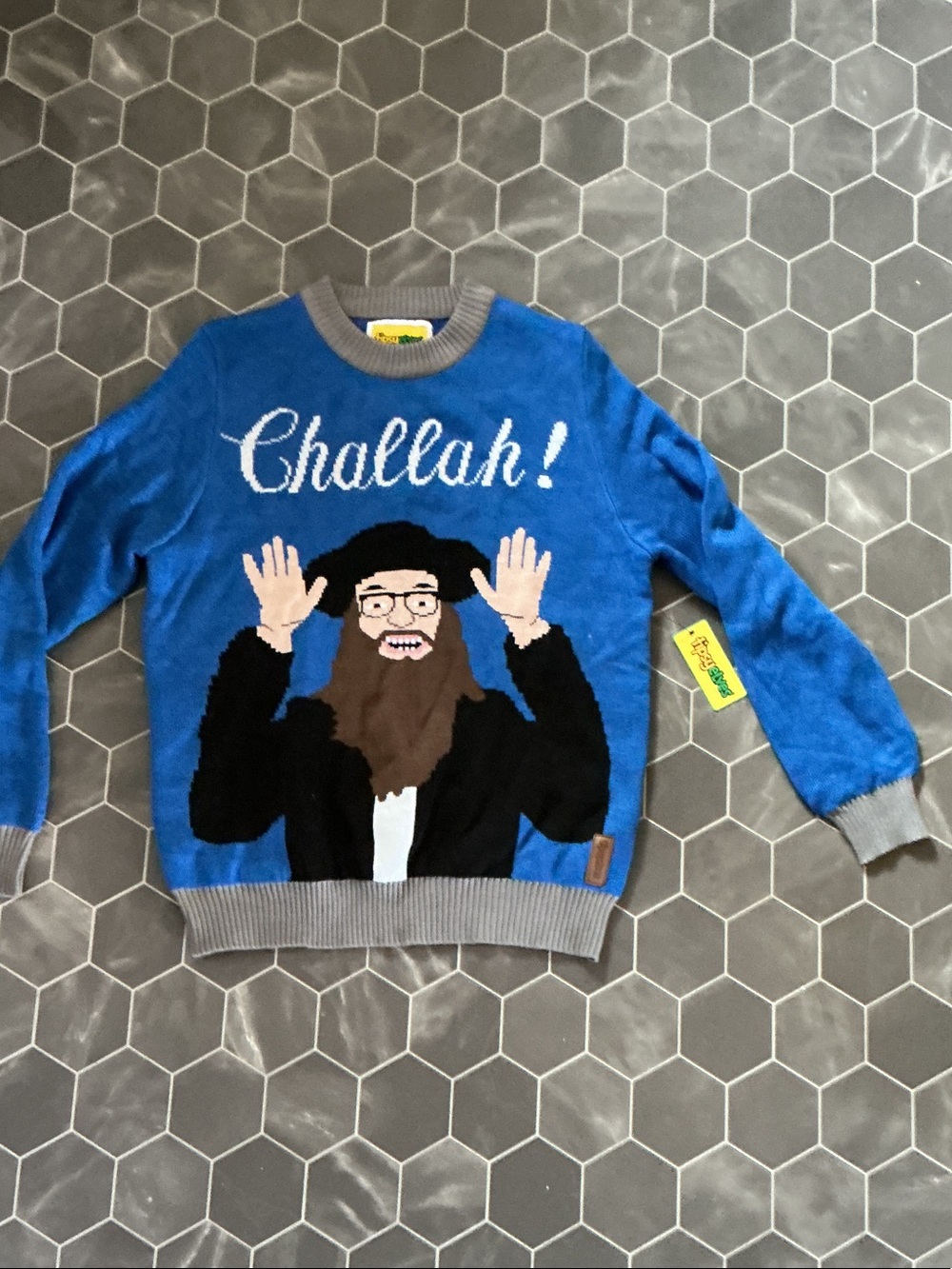 Tipsy Elves Royal Blue & Gray "Challah!" Graphic Crewneck Sweater